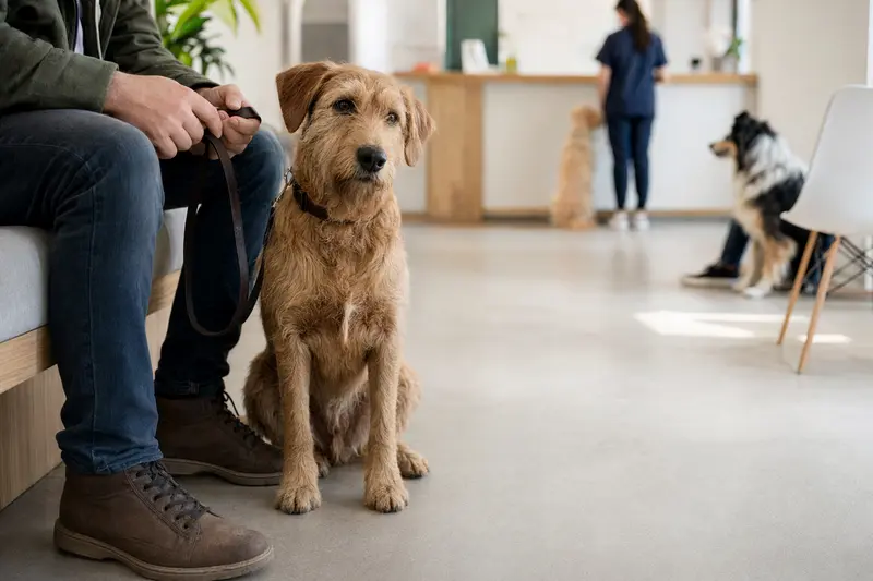Ein Griffon Fauve de Bretagne sitzt ruhig neben seinem Besitzer im hellen Wartezimmer einer modernen Tierarztpraxis.